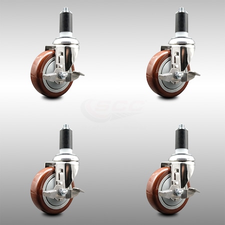 Service Caster 4 Inch 316SS Maroon Poly Swivel 1-1/4 Inch Expanding Stem Caster Set Brake SCC SCC-SS316EX20S414-PPUB-MRN-TLB-114-4